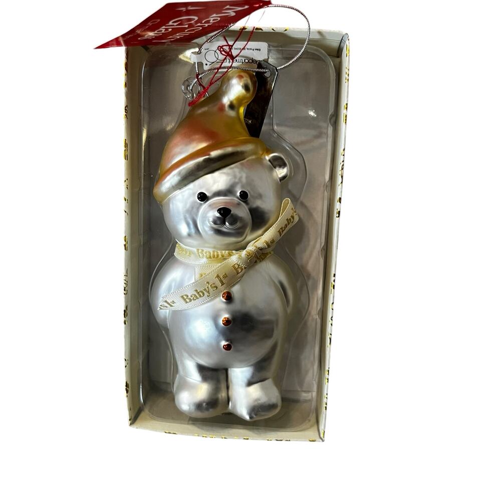 Vintage Dept 56 Mercury Glass Bear Baby's First Christmas Silver tone ornament